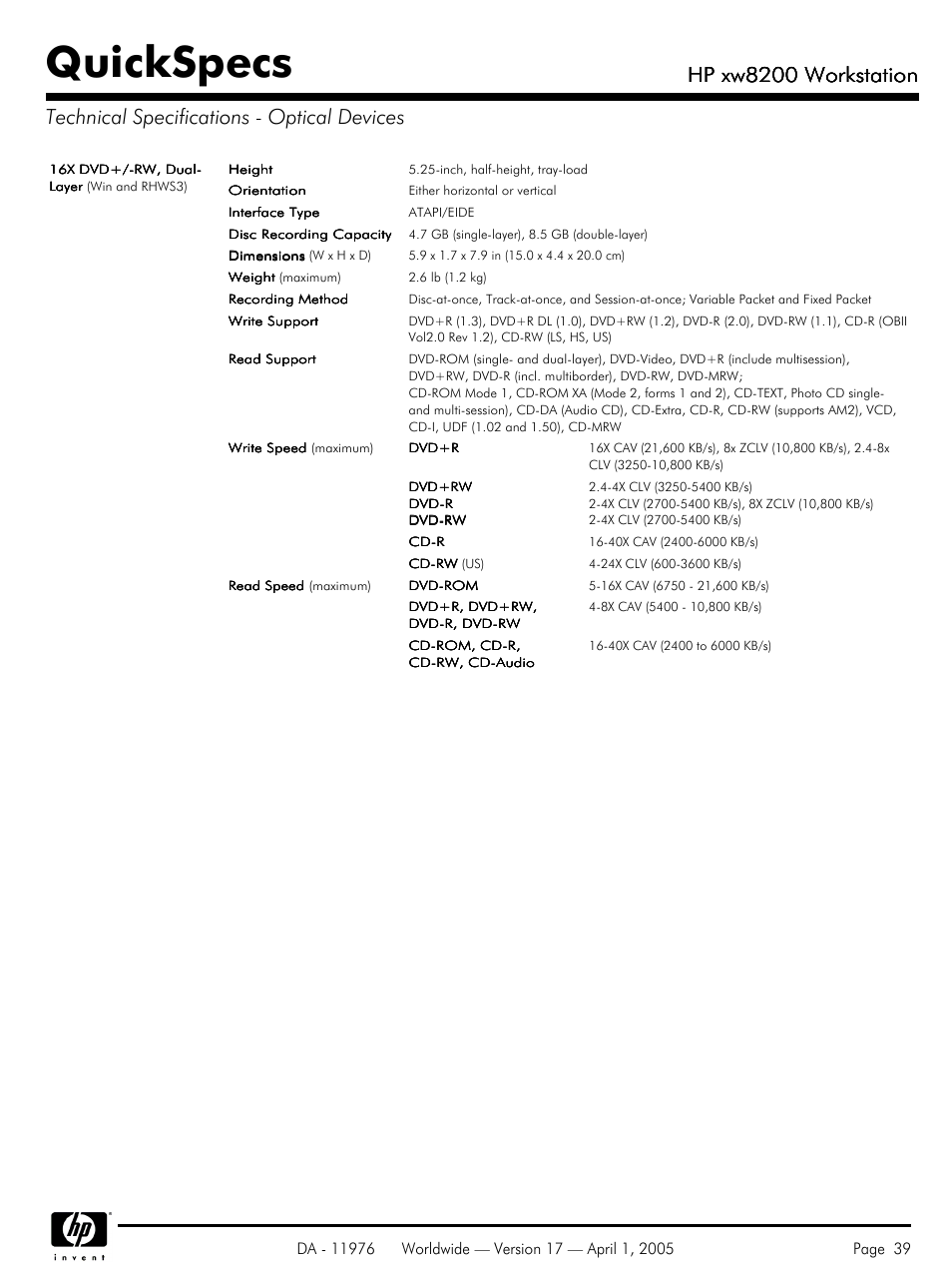Quickspecs, Hp xw8200 workstation | Yamaha Laptop PC User Manual | Page 39 / 65