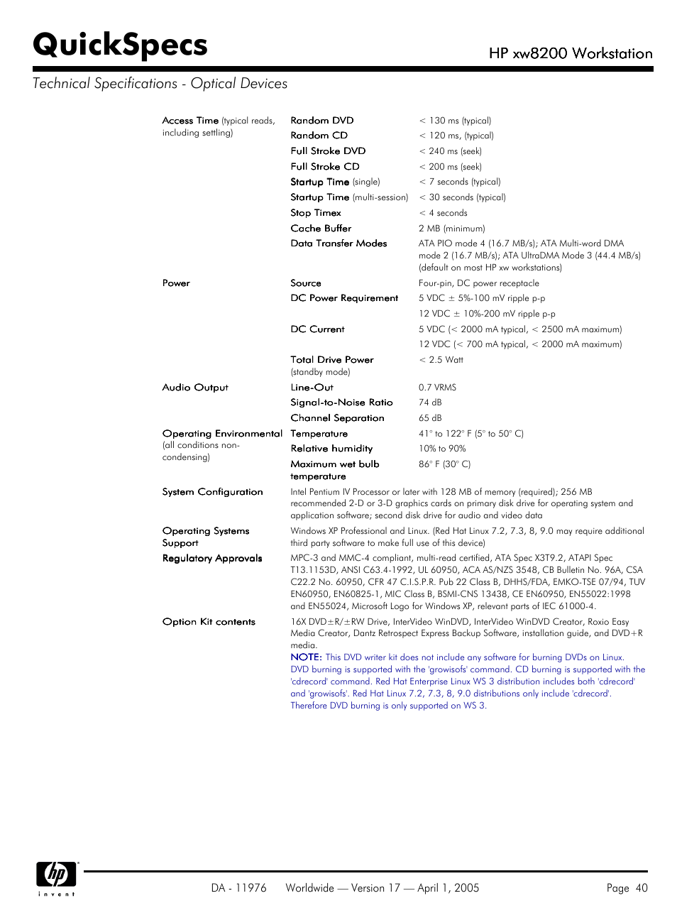 Quickspecs, Hp xw8200 workstation | Yamaha Laptop PC User Manual | Page 40 / 65