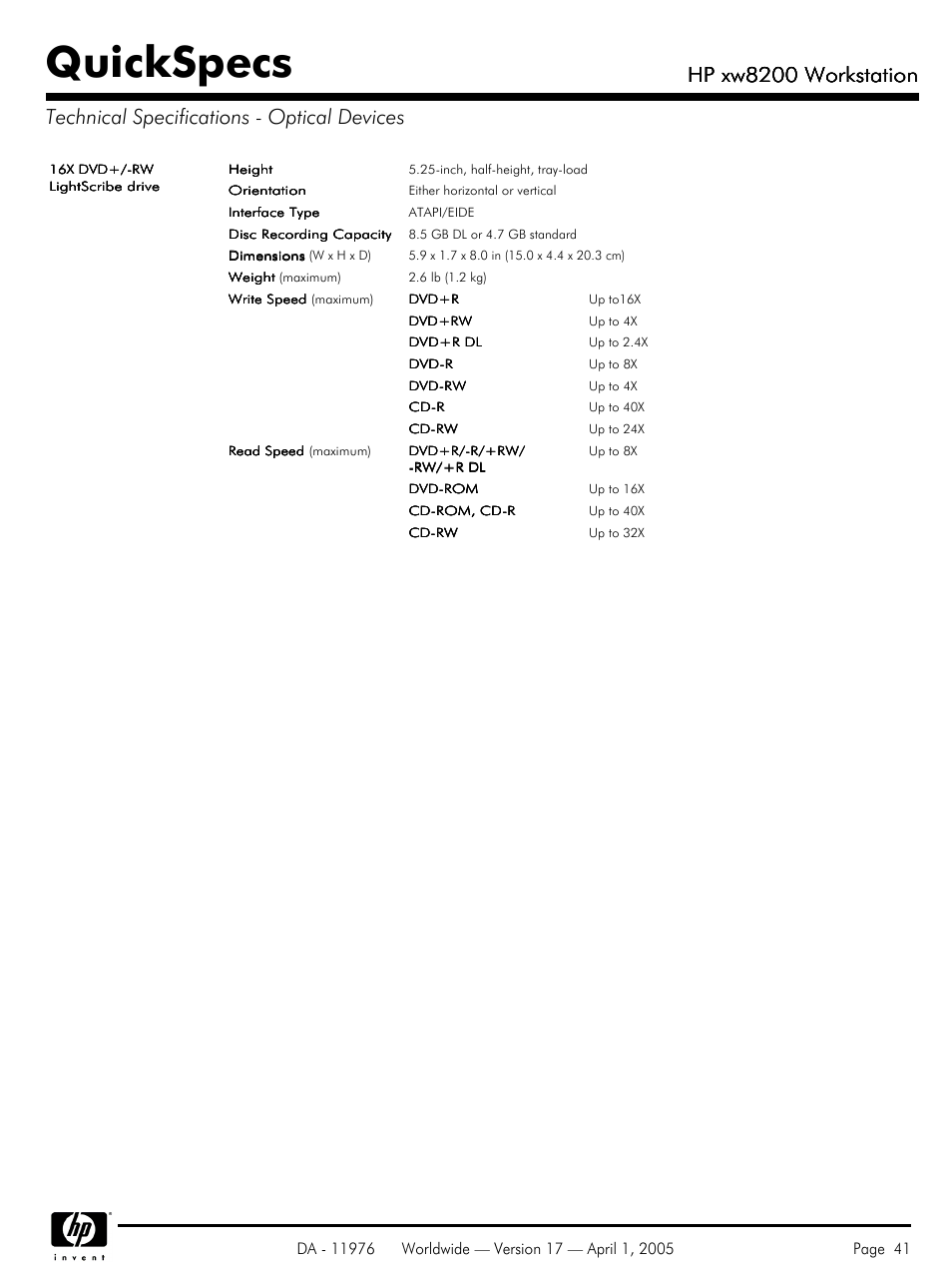 Quickspecs, Hp xw8200 workstation | Yamaha Laptop PC User Manual | Page 41 / 65