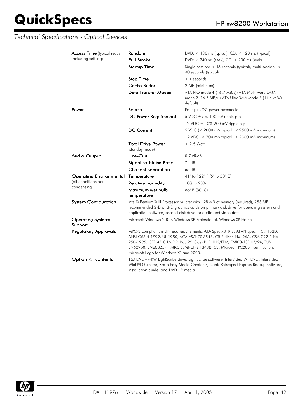 Quickspecs, Hp xw8200 workstation | Yamaha Laptop PC User Manual | Page 42 / 65