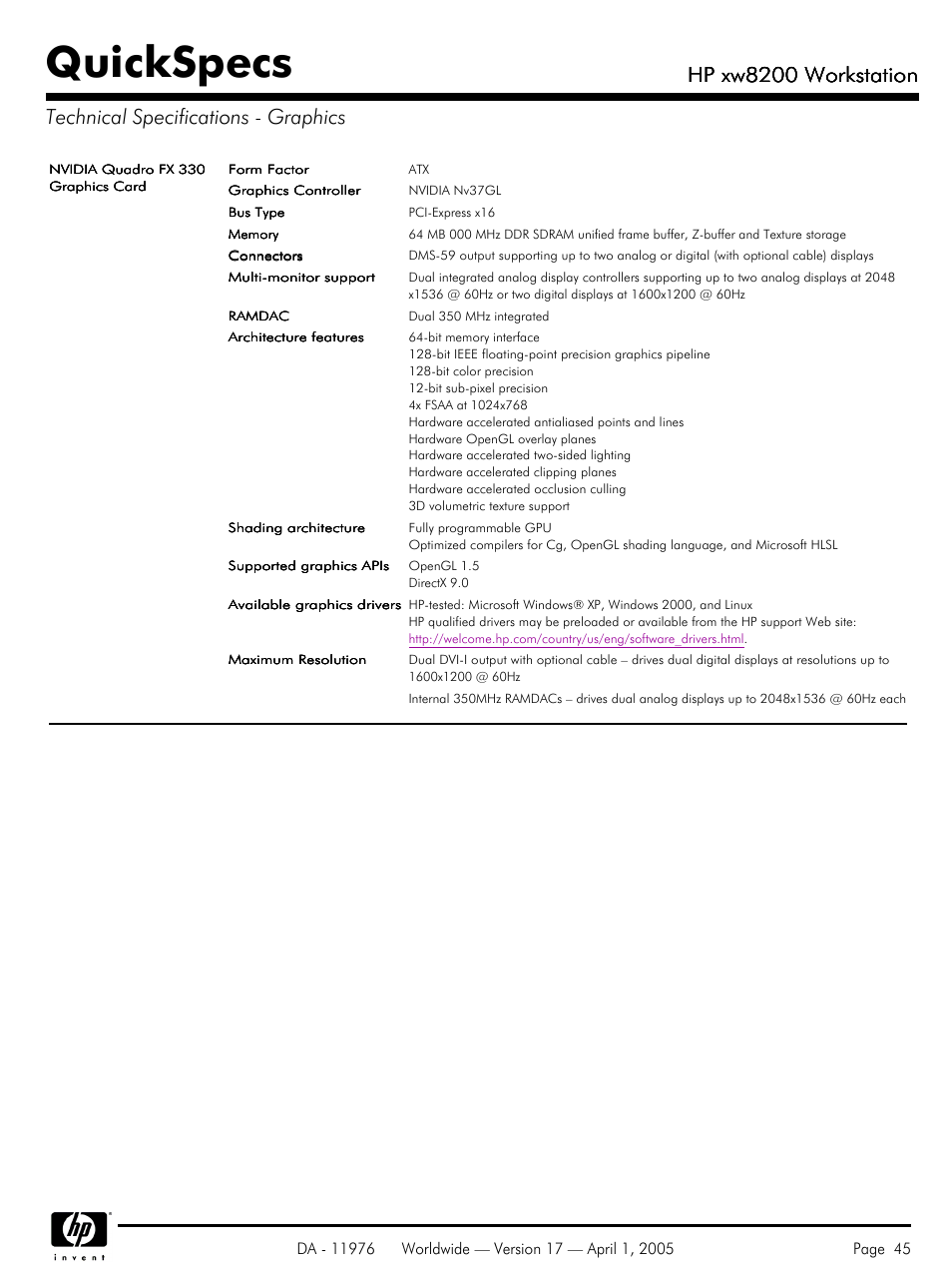 Quickspecs, Hp xw8200 workstation | Yamaha Laptop PC User Manual | Page 45 / 65