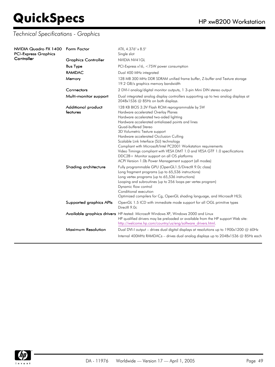 Quickspecs, Hp xw8200 workstation | Yamaha Laptop PC User Manual | Page 49 / 65