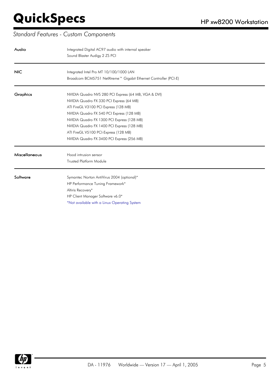 Quickspecs, Hp xw8200 workstation | Yamaha Laptop PC User Manual | Page 5 / 65