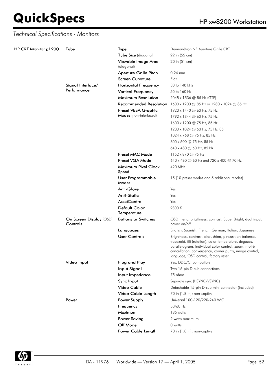 Technical specifications - monitors, Quickspecs, Hp xw8200 workstation | Yamaha Laptop PC User Manual | Page 52 / 65