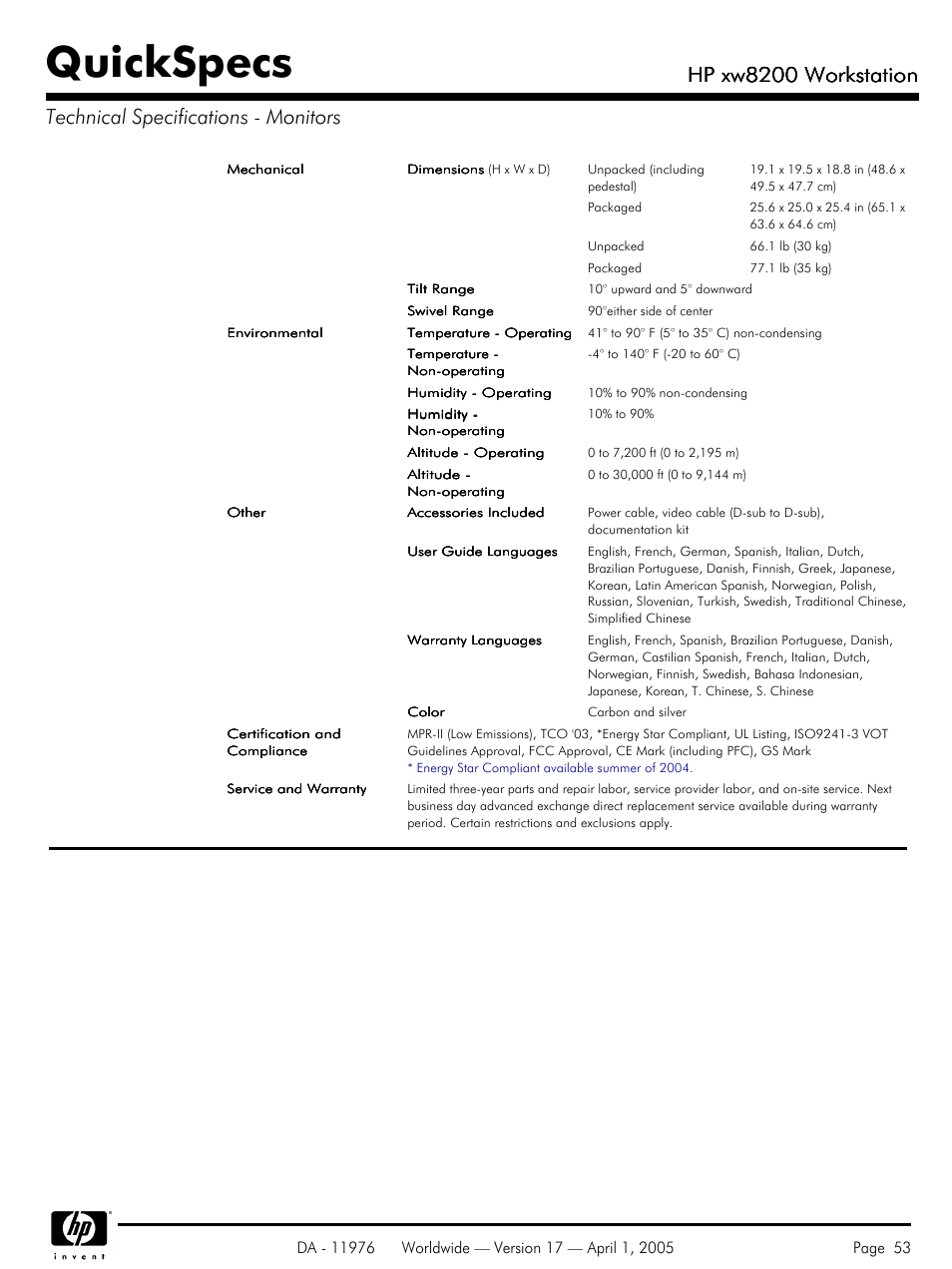 Quickspecs, Hp xw8200 workstation | Yamaha Laptop PC User Manual | Page 53 / 65