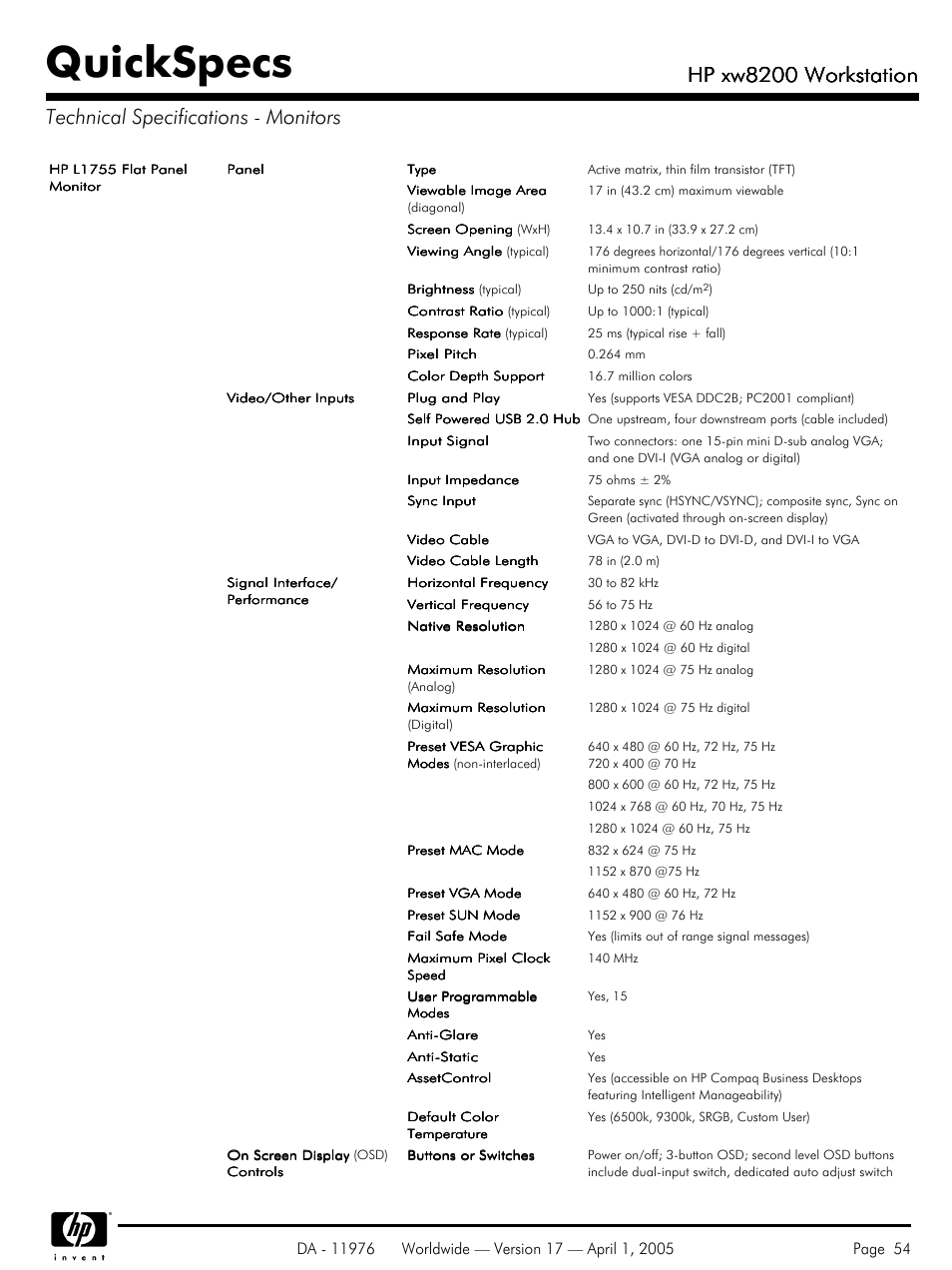 Quickspecs, Hp xw8200 workstation | Yamaha Laptop PC User Manual | Page 54 / 65