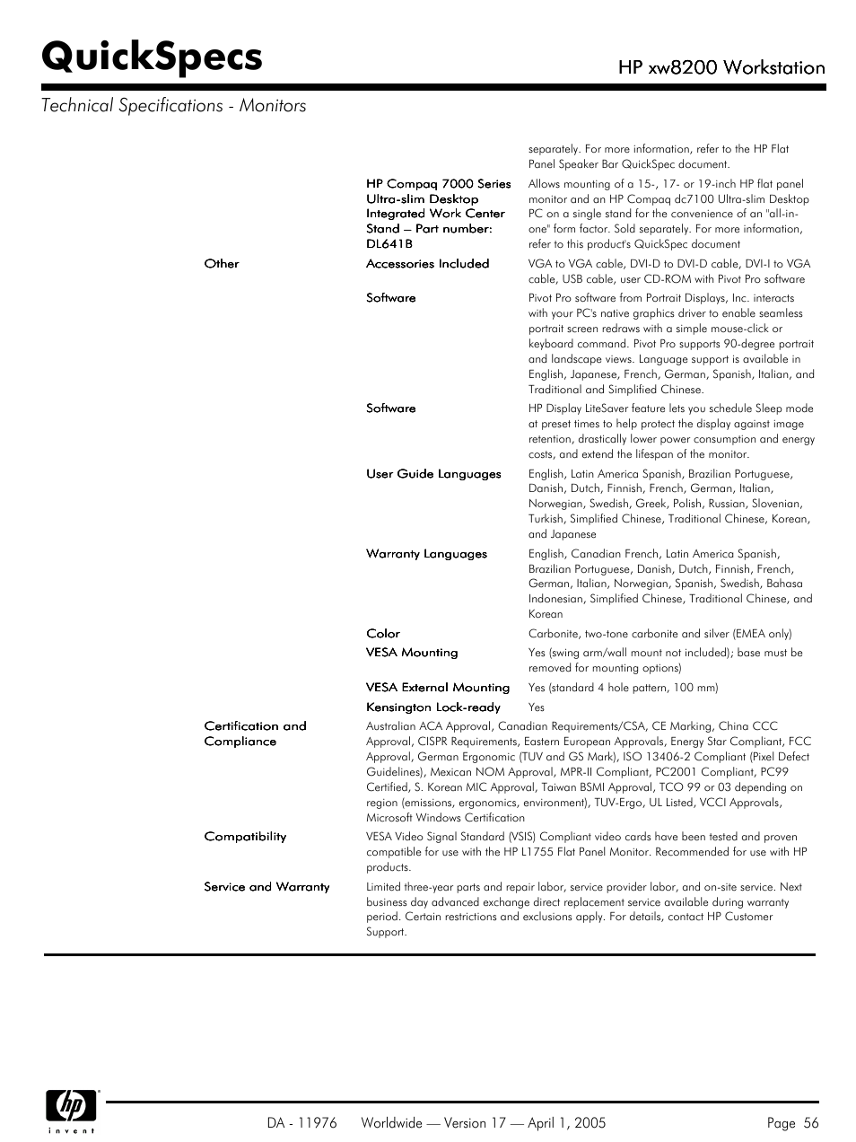 Quickspecs, Hp xw8200 workstation | Yamaha Laptop PC User Manual | Page 56 / 65