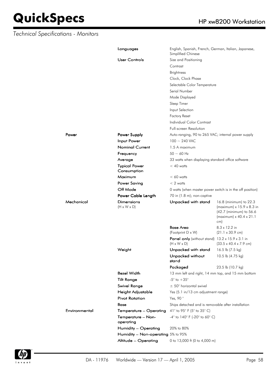 Quickspecs, Hp xw8200 workstation | Yamaha Laptop PC User Manual | Page 58 / 65