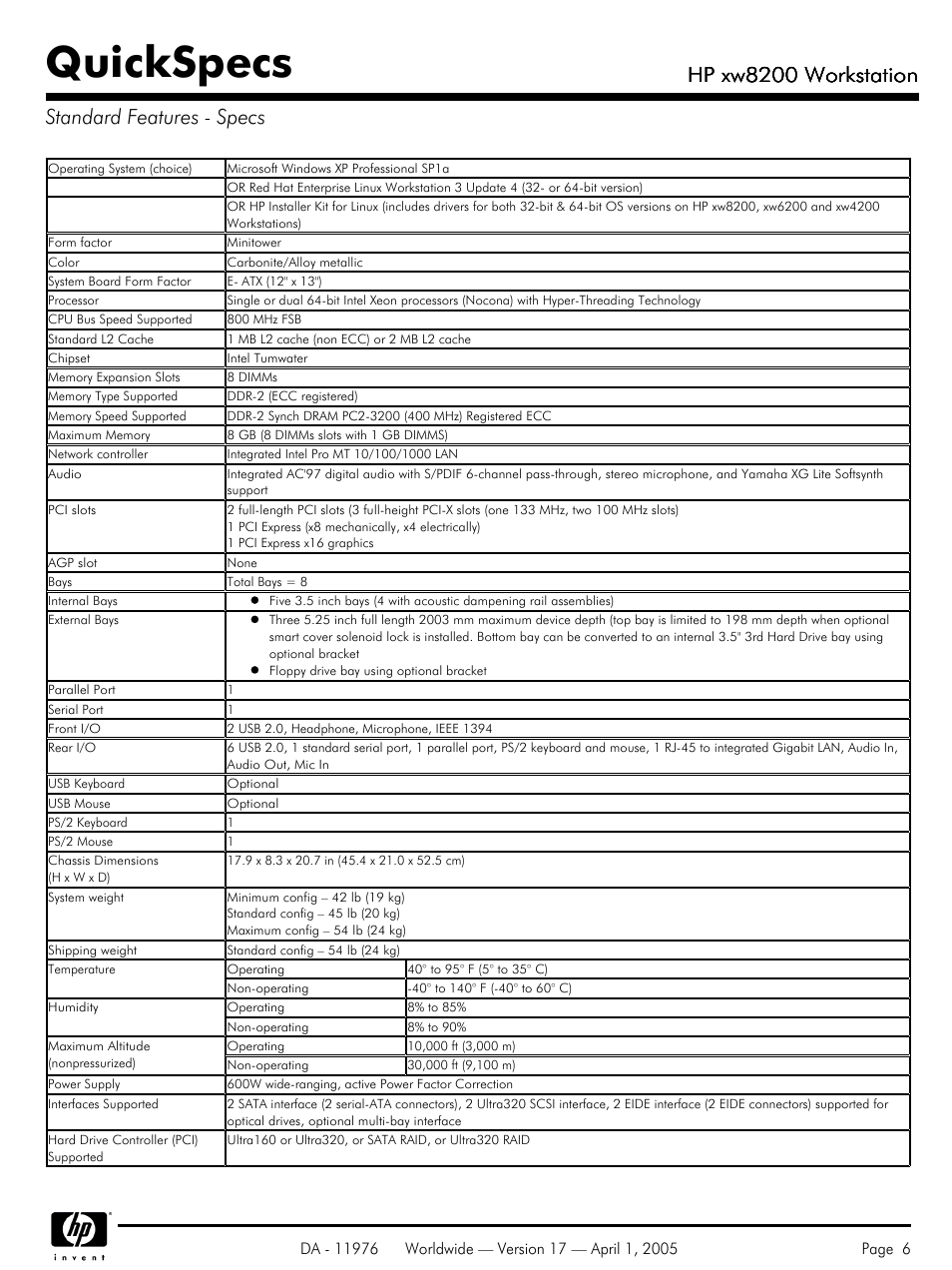 Standard features - specs, Quickspecs, Hp xw8200 workstation | Hp xw8200 workstation standard features - specs | Yamaha Laptop PC User Manual | Page 6 / 65