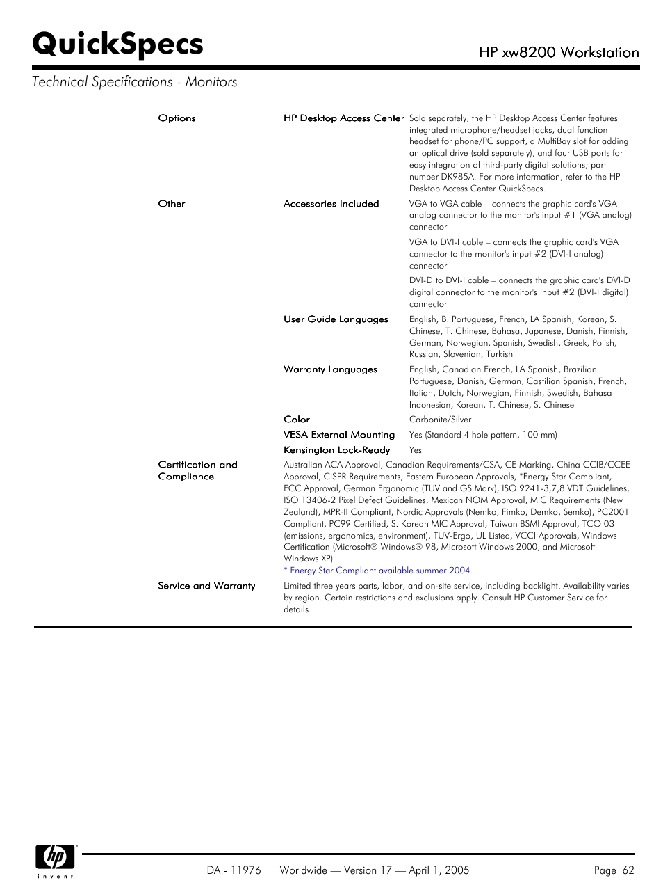 Quickspecs, Hp xw8200 workstation | Yamaha Laptop PC User Manual | Page 62 / 65