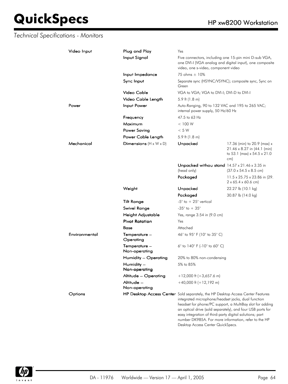 Quickspecs, Hp xw8200 workstation | Yamaha Laptop PC User Manual | Page 64 / 65