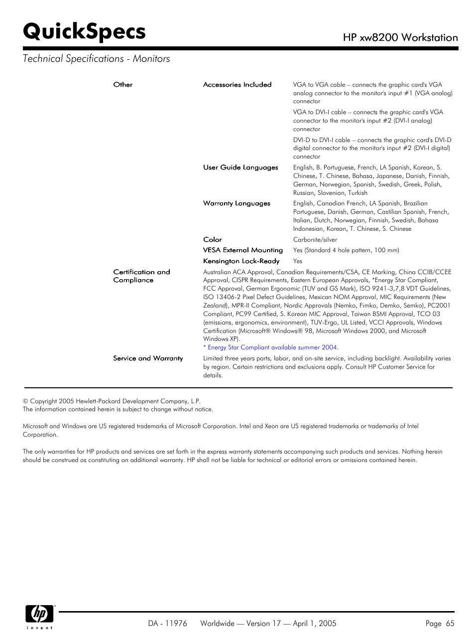 Quickspecs, Hp xw8200 workstation | Yamaha Laptop PC User Manual | Page 65 / 65