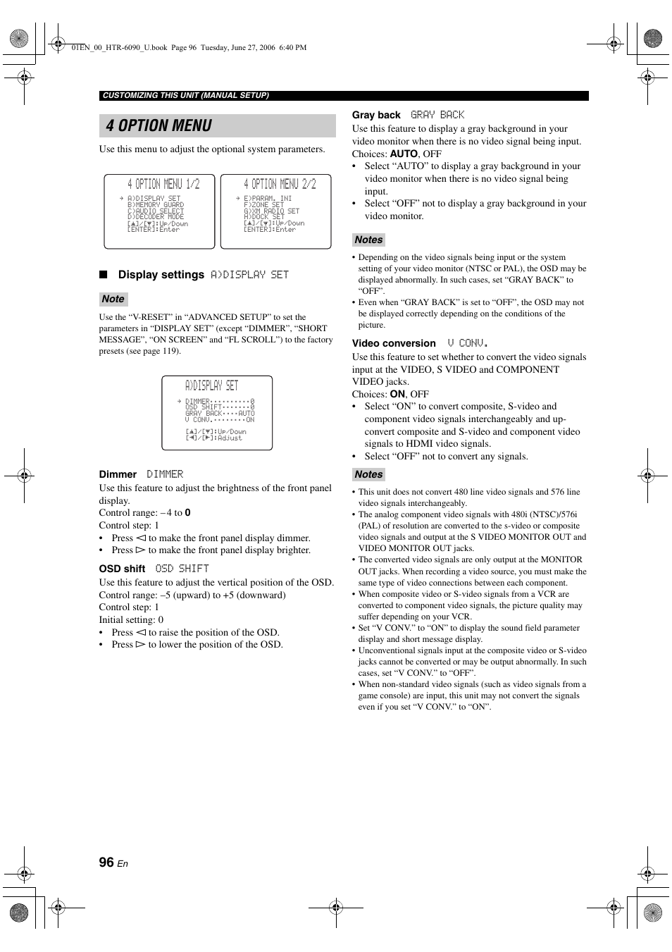 4 option menu, 4 option menu 1/2, 4 option menu 2/2 | A)display set | Yamaha HTR-6090 User Manual | Page 100 / 152