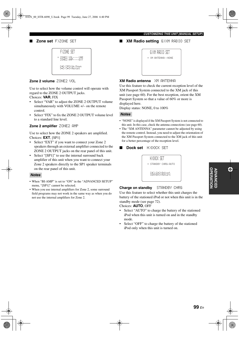 F)zone set, G)xm radio set, H)dock set | Yamaha HTR-6090 User Manual | Page 103 / 152