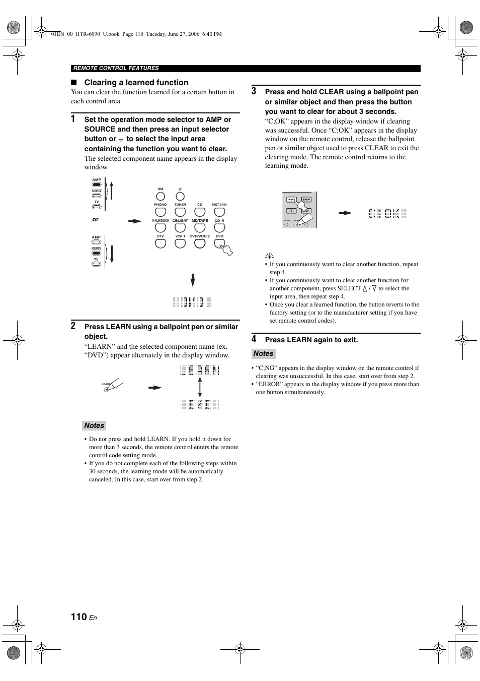 Clearing a learned function, Press learn again to exit | Yamaha HTR-6090 User Manual | Page 114 / 152