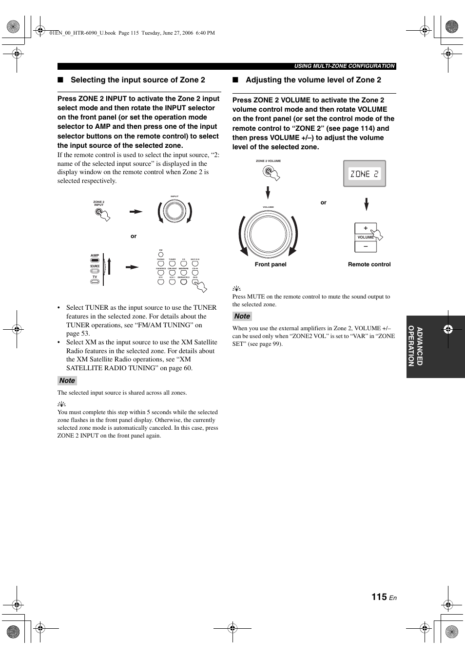 Selecting the input source of zone 2, Adjusting the volume level of zone 2 | Yamaha HTR-6090 User Manual | Page 119 / 152