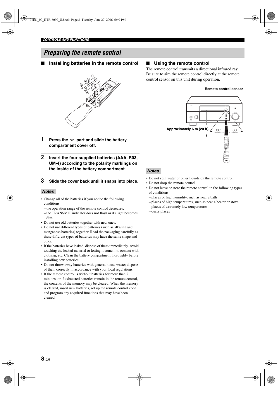 Preparing the remote control | Yamaha HTR-6090 User Manual | Page 12 / 152