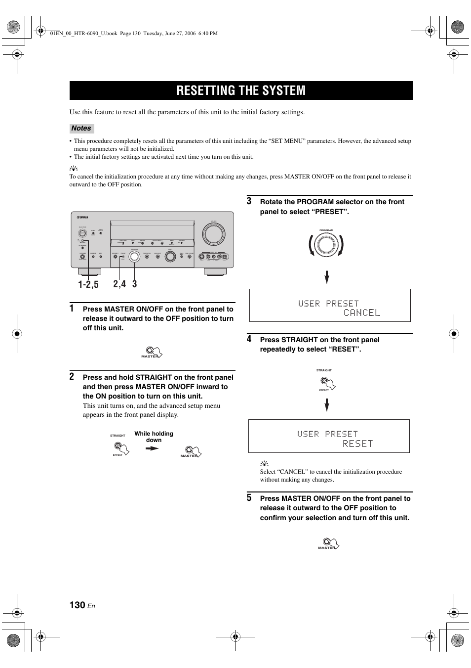 Resetting the system | Yamaha HTR-6090 User Manual | Page 134 / 152