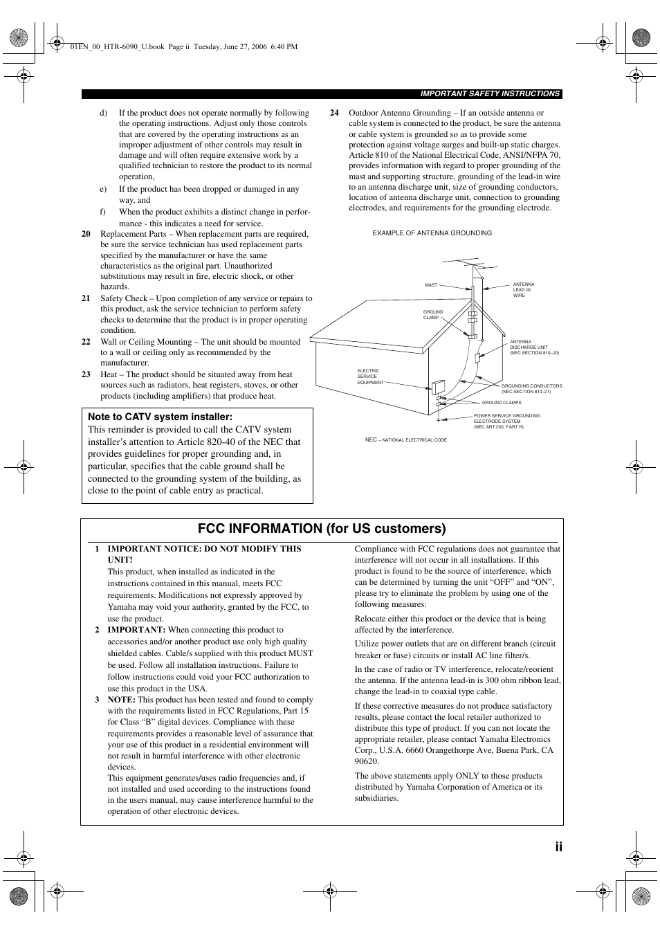Fcc information (for us customers) | Yamaha HTR-6090 User Manual | Page 3 / 152