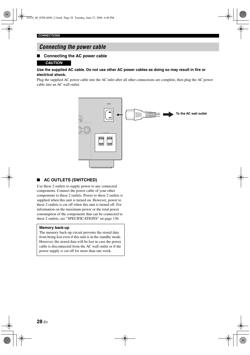 Connecting the power cable | Yamaha HTR-6090 User Manual | Page 32 / 152