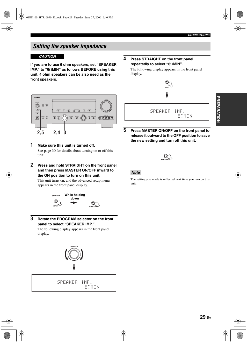 Setting the speaker impedance, M i n | Yamaha HTR-6090 User Manual | Page 33 / 152