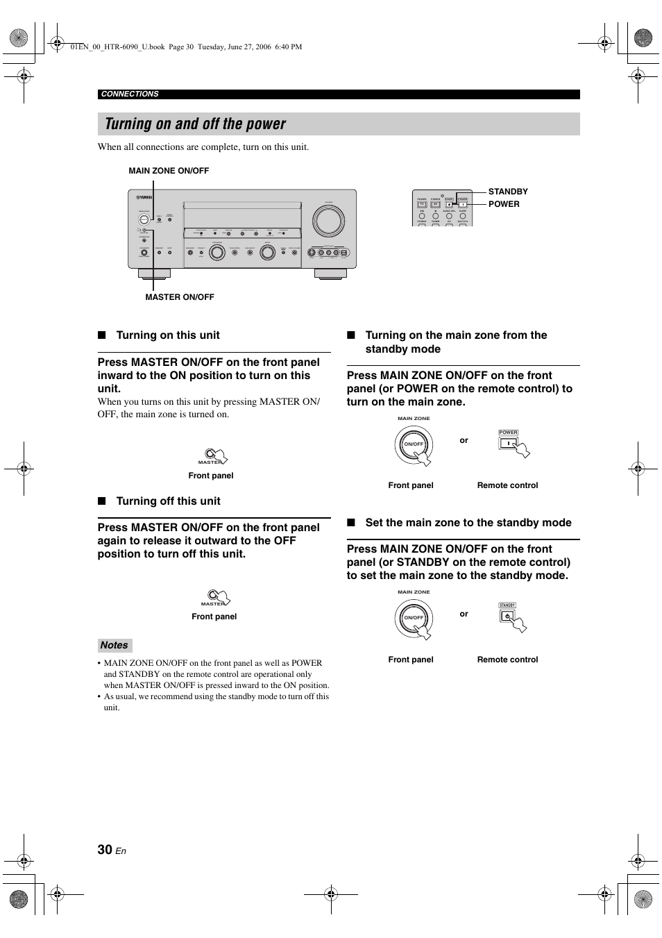 Turning on and off the power, Input volume main zone | Yamaha HTR-6090 User Manual | Page 34 / 152