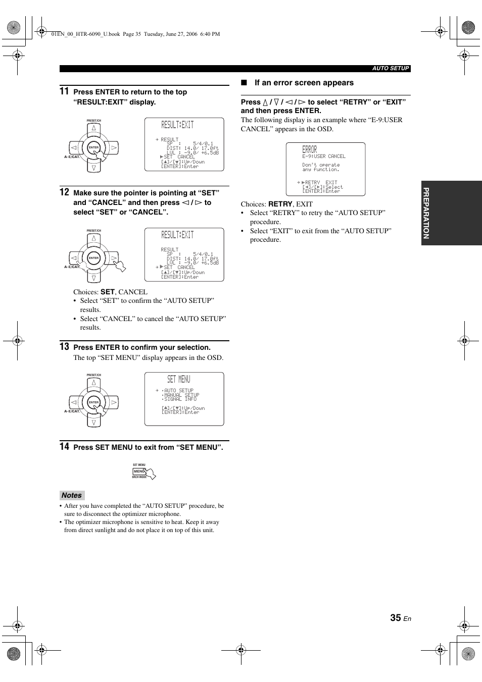 Result:exit, Set menu, Error | If an error screen appears | Yamaha HTR-6090 User Manual | Page 39 / 152