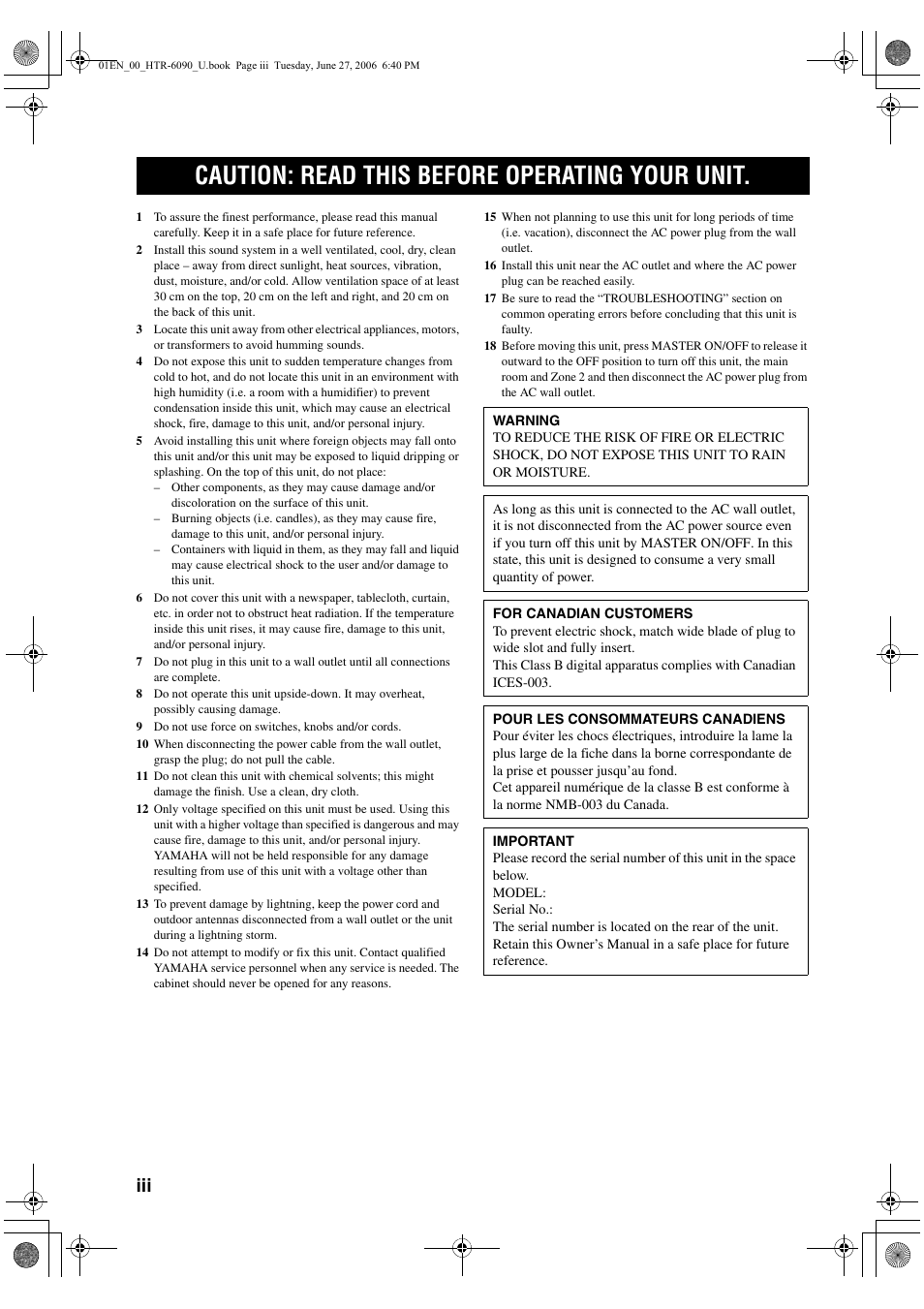 Caution: read this before operating your unit | Yamaha HTR-6090 User Manual | Page 4 / 152