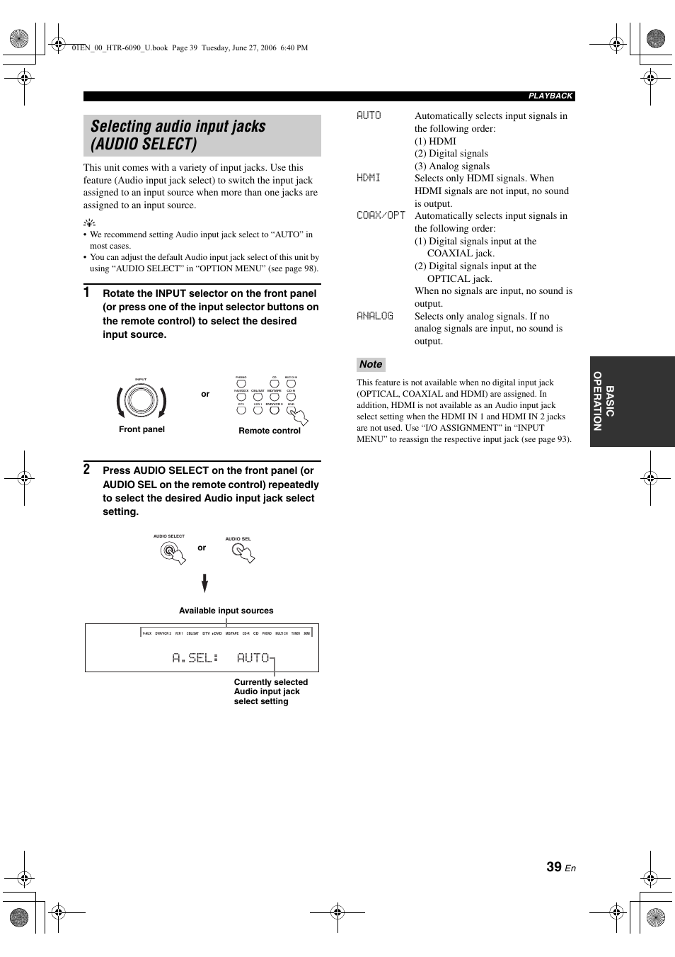Selecting audio input jacks (audio select), A.sel: auto | Yamaha HTR-6090 User Manual | Page 43 / 152