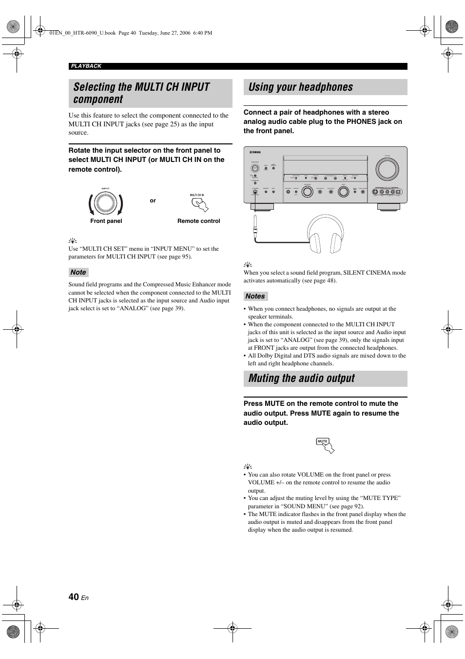 Selecting the multi ch input component, Using your headphones, Muting the audio output | Yamaha HTR-6090 User Manual | Page 44 / 152