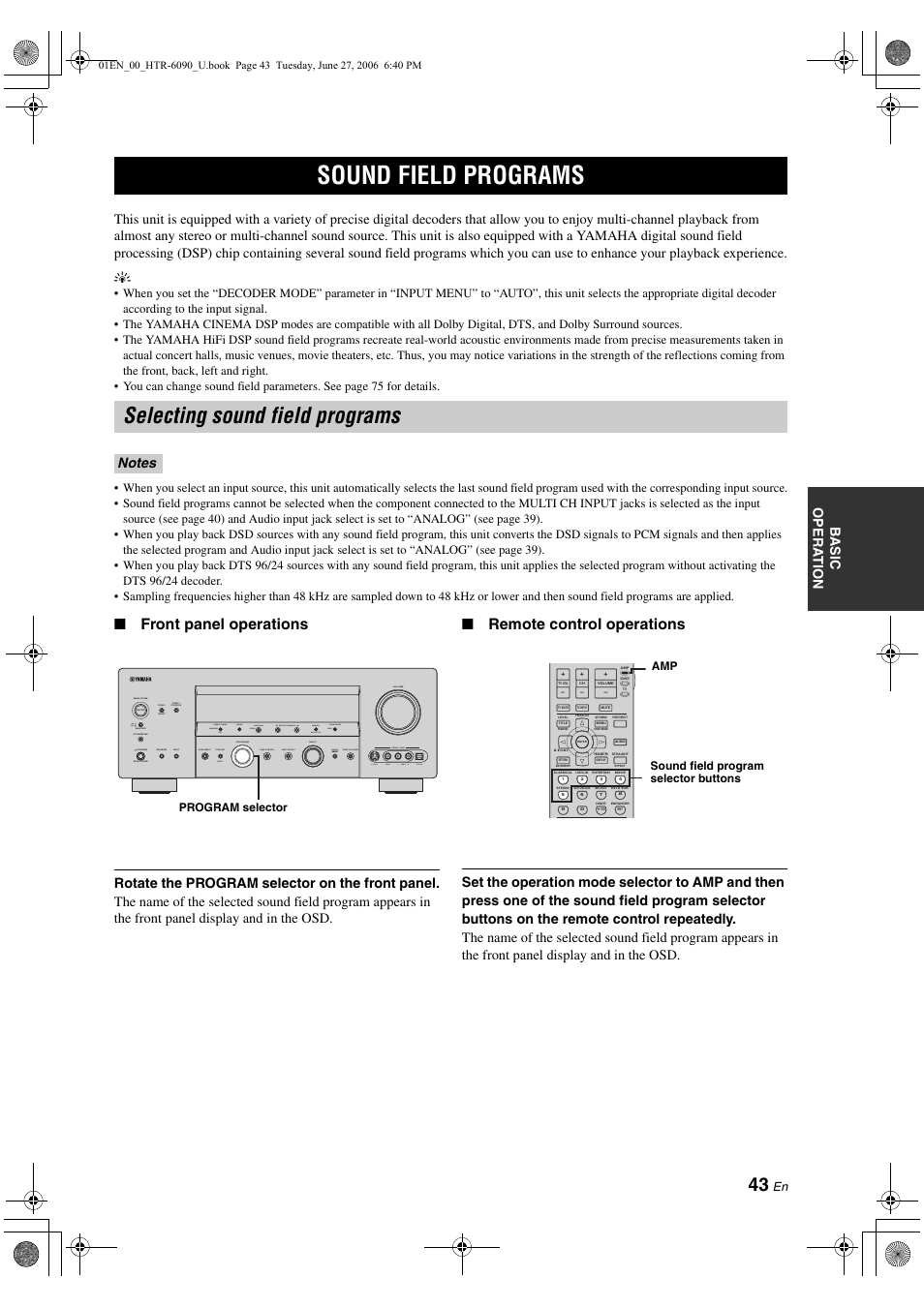 Sound field programs, Selecting sound field programs, Front panel operations | Remote control operations | Yamaha HTR-6090 User Manual | Page 47 / 152