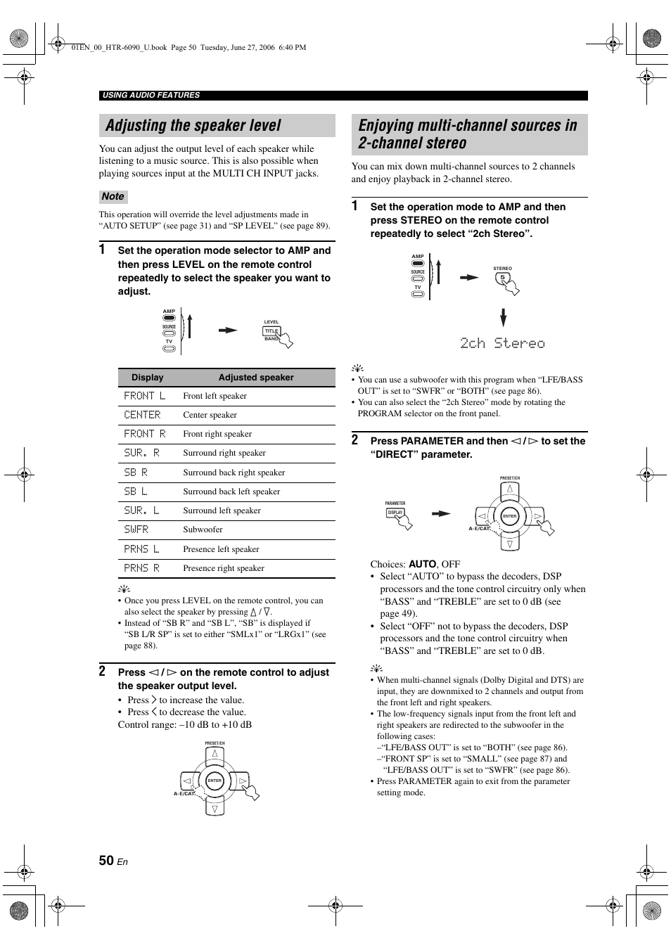 Adjusting the speaker level, Enjoying multi-channel sources in 2-channel stereo, 2ch stereo | Yamaha HTR-6090 User Manual | Page 54 / 152