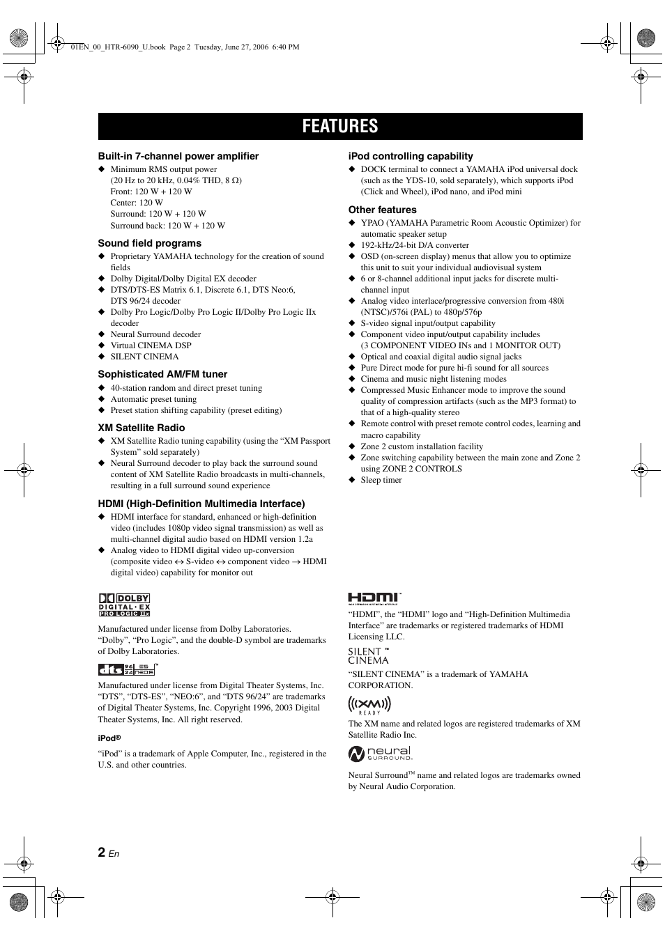 English, Features | Yamaha HTR-6090 User Manual | Page 6 / 152