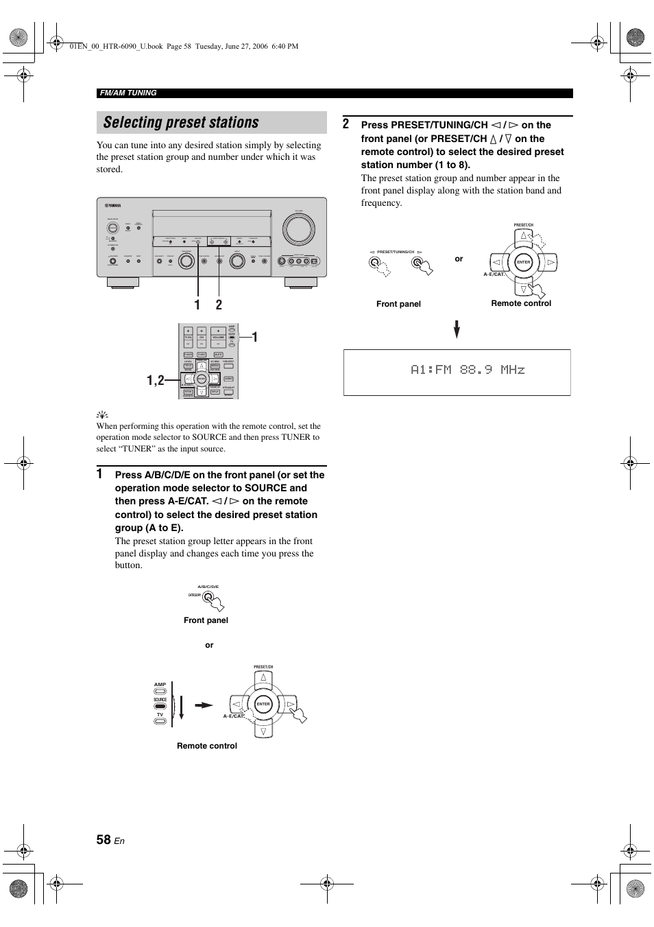 Selecting preset stations, A1:fm 88.9 mhz, Input volume | Yamaha HTR-6090 User Manual | Page 62 / 152