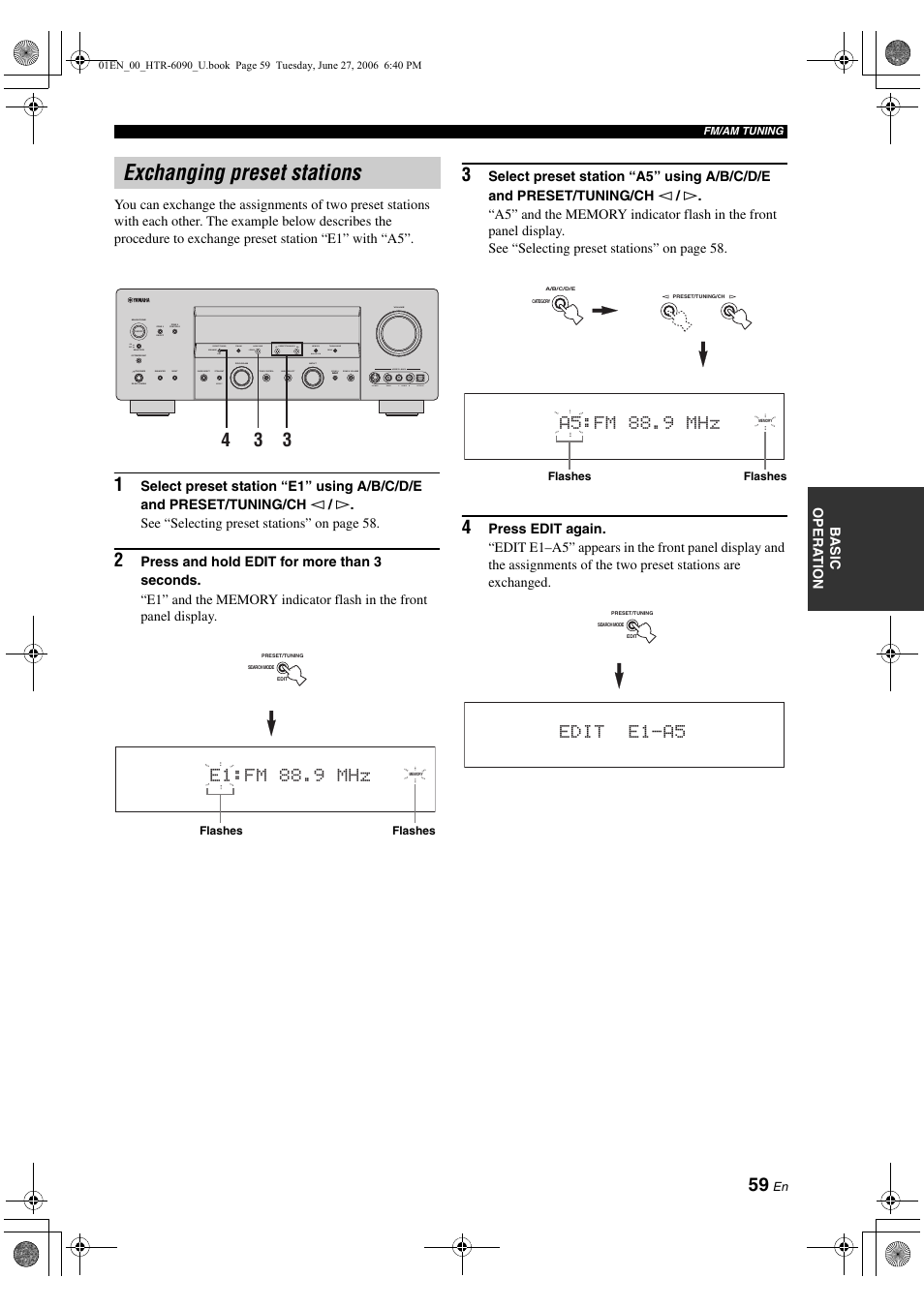 Exchanging preset stations, E1:fm 88.9 mhz, A5:fm 88.9 mhz | Edit e1-a5 | Yamaha HTR-6090 User Manual | Page 63 / 152