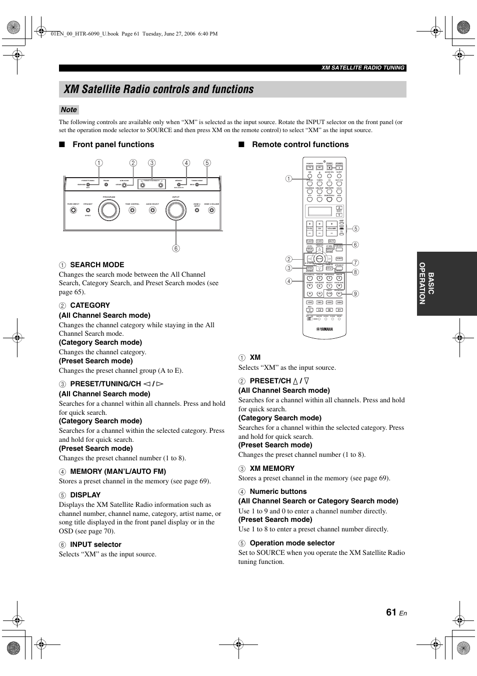Xm satellite radio controls and functions, Front panel functions, Remote control functions | Ba s ic opera t ion, Xm satellite radio tuning | Yamaha HTR-6090 User Manual | Page 65 / 152