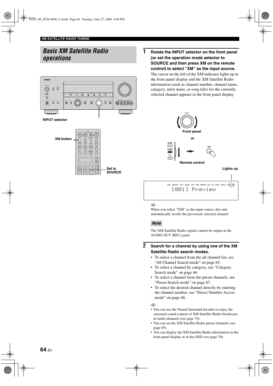 Basic xm satellite radio operations, 001] preview, Input volume | Yamaha HTR-6090 User Manual | Page 68 / 152