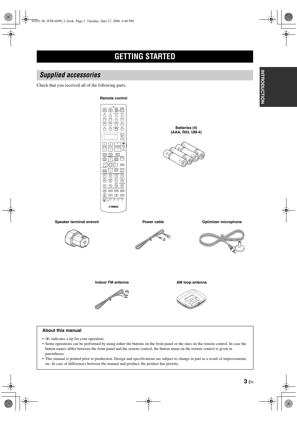 Getting started, Supplied accessories, About this manual | Yamaha HTR-6090 User Manual | Page 7 / 152