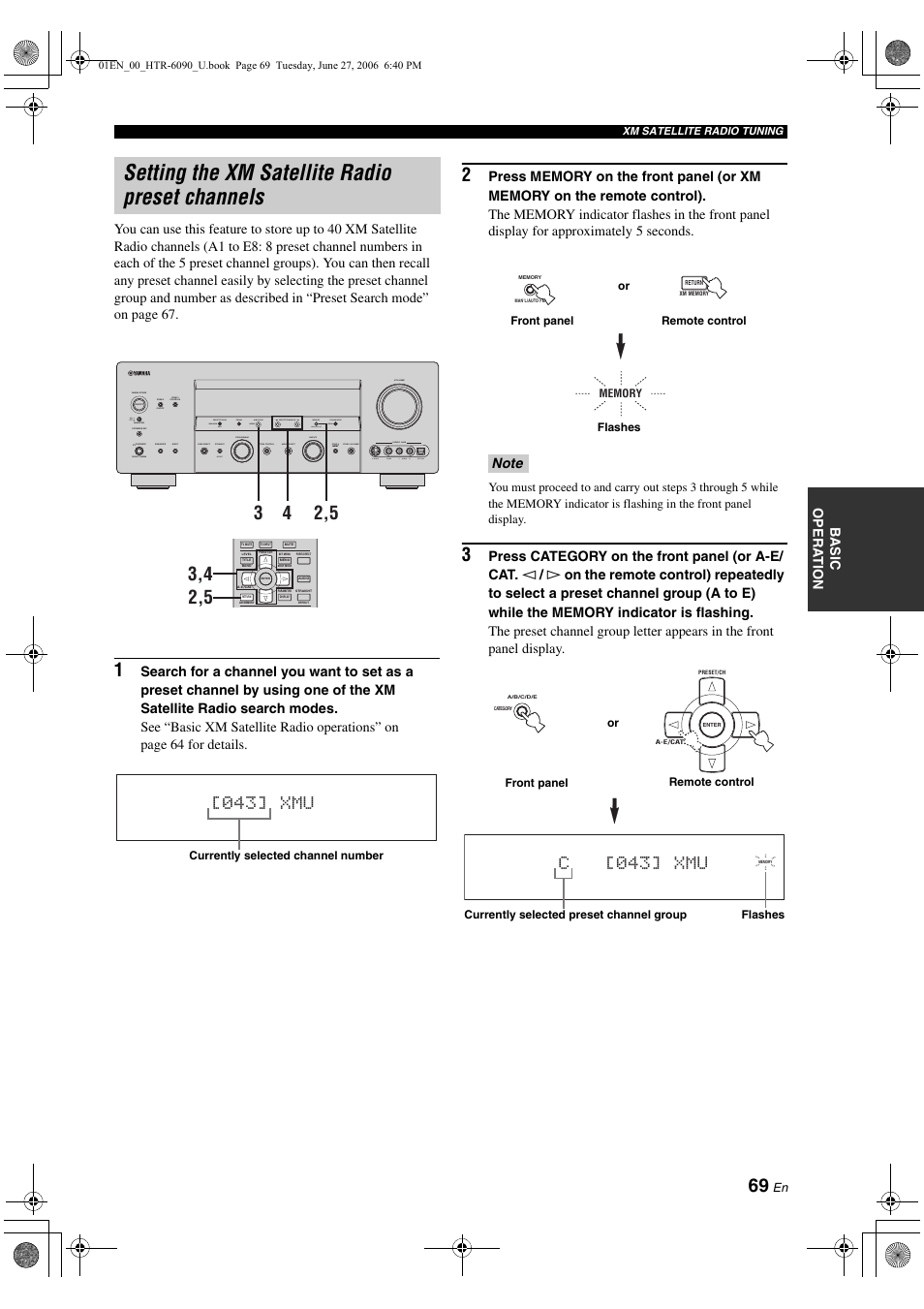 Setting the xm satellite radio preset channels, 043] xmu, C[043] xmu | Input volume main zone | Yamaha HTR-6090 User Manual | Page 73 / 152