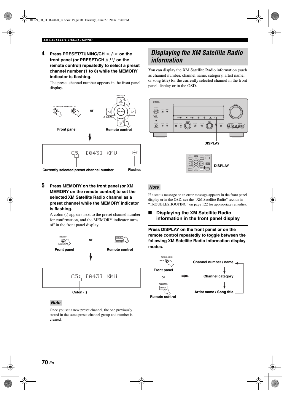 Displaying the xm satellite radio information, C5 [043] xmu, C5: [043] xmu | Yamaha HTR-6090 User Manual | Page 74 / 152
