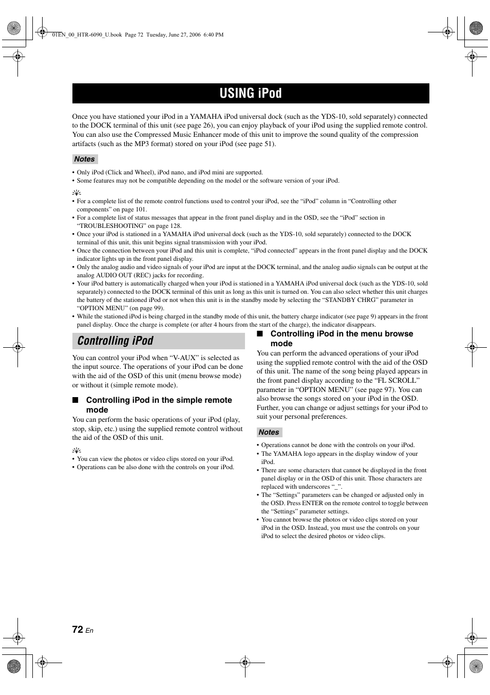 Using ipod, Controlling ipod | Yamaha HTR-6090 User Manual | Page 76 / 152