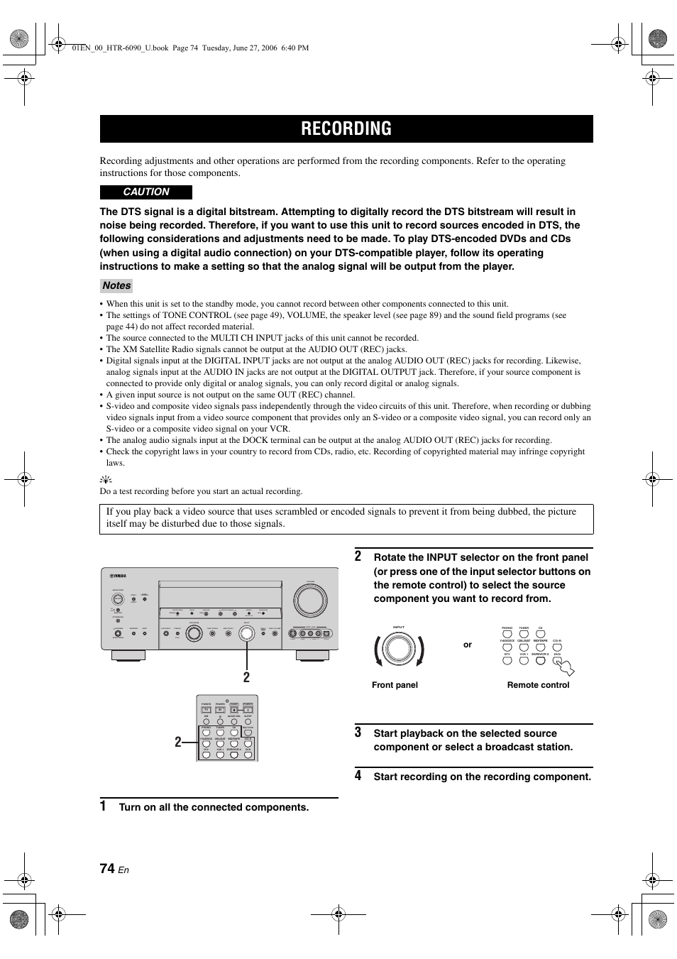 Recording, Turn on all the connected components, Start recording on the recording component | Yamaha HTR-6090 User Manual | Page 78 / 152
