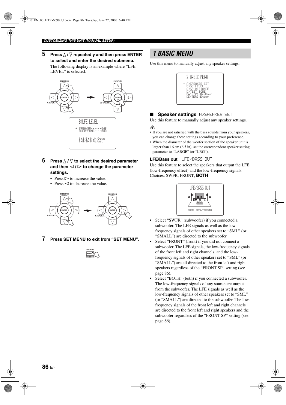 1 basic menu, B)lfe level, 2 basic menu | Lfe/bass out, Speaker settings | Yamaha HTR-6090 User Manual | Page 90 / 152