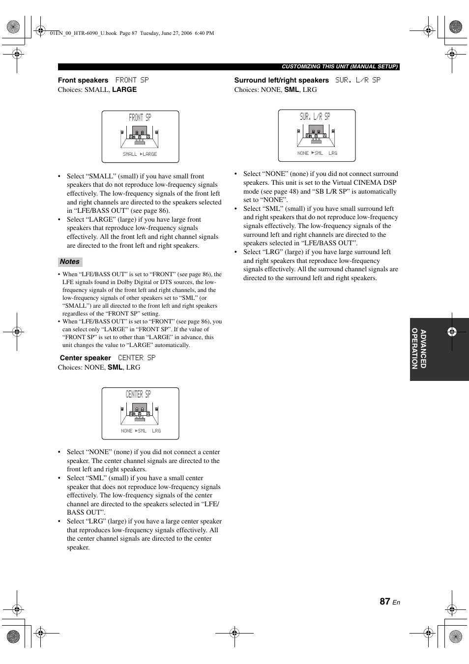 Front sp, Center sp, Sur. l/r sp | Yamaha HTR-6090 User Manual | Page 91 / 152