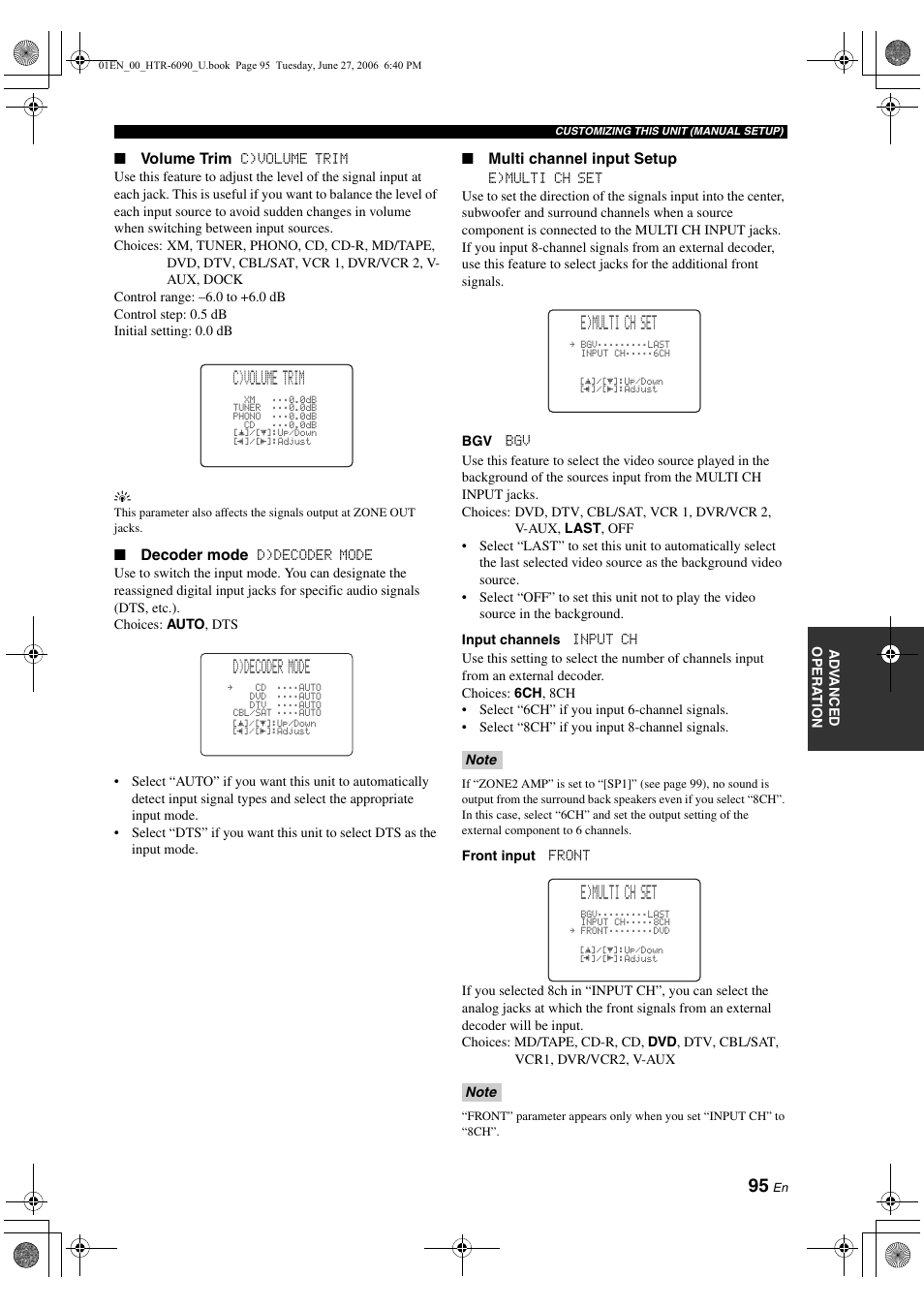 C)volume trim, D)decoder mode, E)multi ch set | Yamaha HTR-6090 User Manual | Page 99 / 152