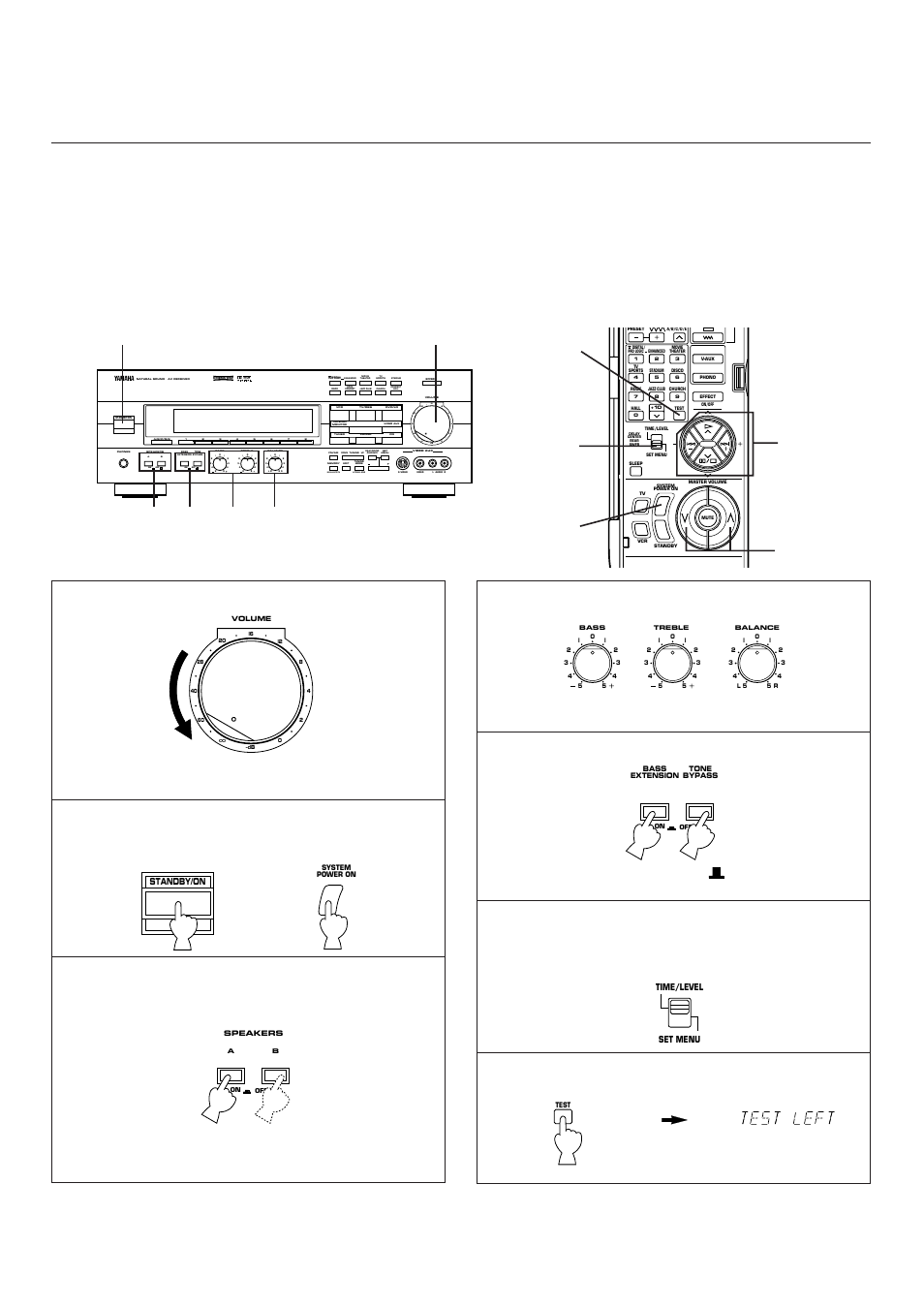 Speaker balance adjustment, Set to the, Position | Turn the power on, Set to the “0” position, Set to the “off ( ), Aon off on off b, Man’l/auto fm, Auto/man’l mono, Front panel | Yamaha R-V1103 User Manual | Page 26 / 59