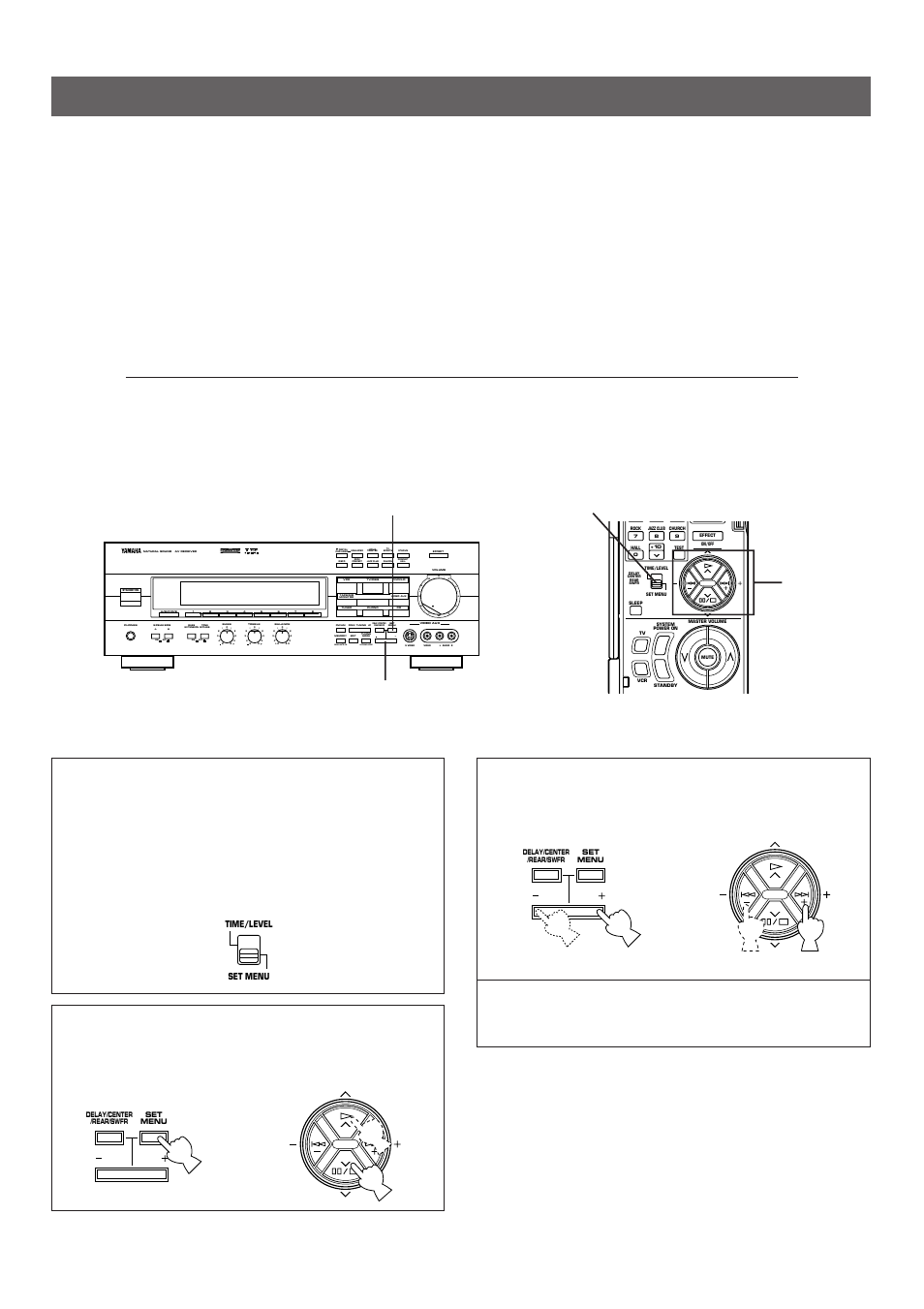 Adjustments in the “set menu” mode, Method of setting change and adjustment, Time/level·set menu | Aon off on off b, Man’l/auto fm, Auto/man’l mono | Yamaha R-V1103 User Manual | Page 28 / 59