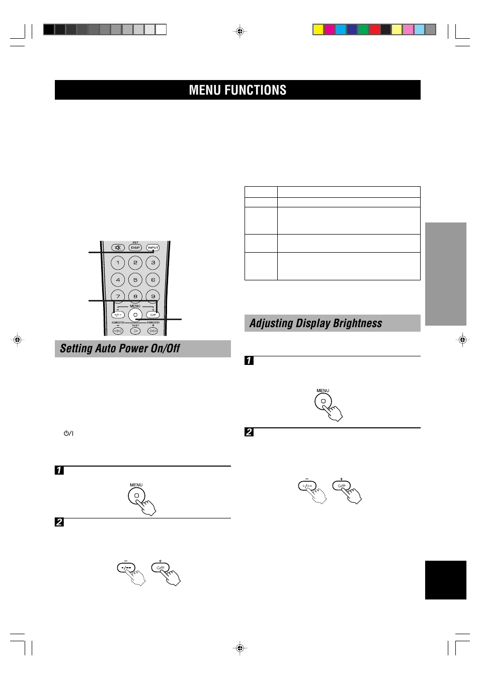 Menu functions, Adjusting display brightness, Setting auto power on/off | Yamaha AV-S70 User Manual | Page 23 / 40