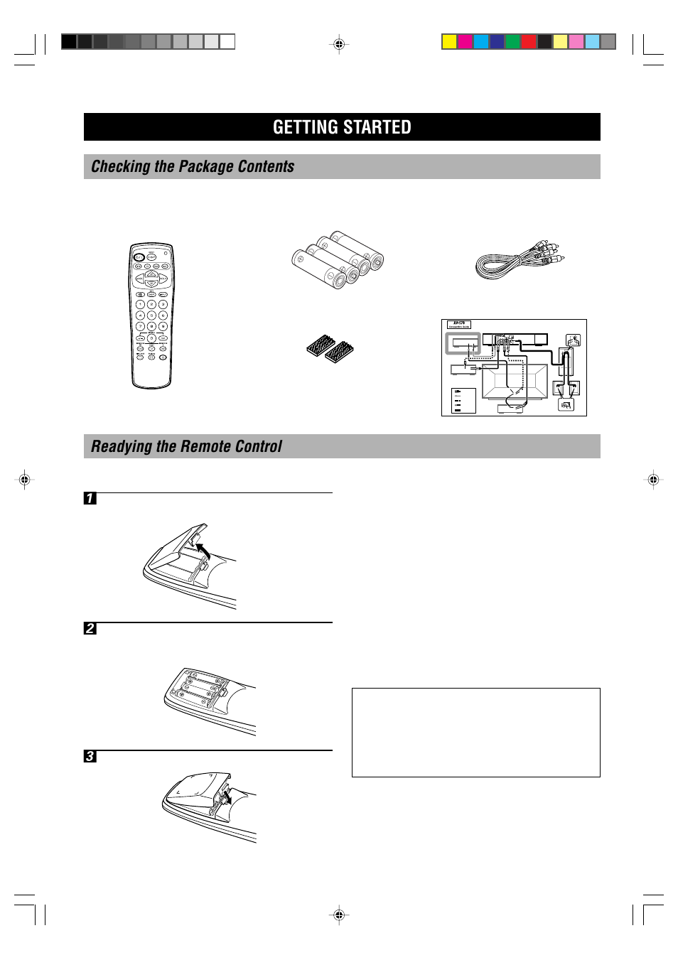 Getting started, Checking the package contents, Readying the remote control | Inserting the batteries, Precautions regarding batteries | Yamaha AV-S70 User Manual | Page 4 / 40