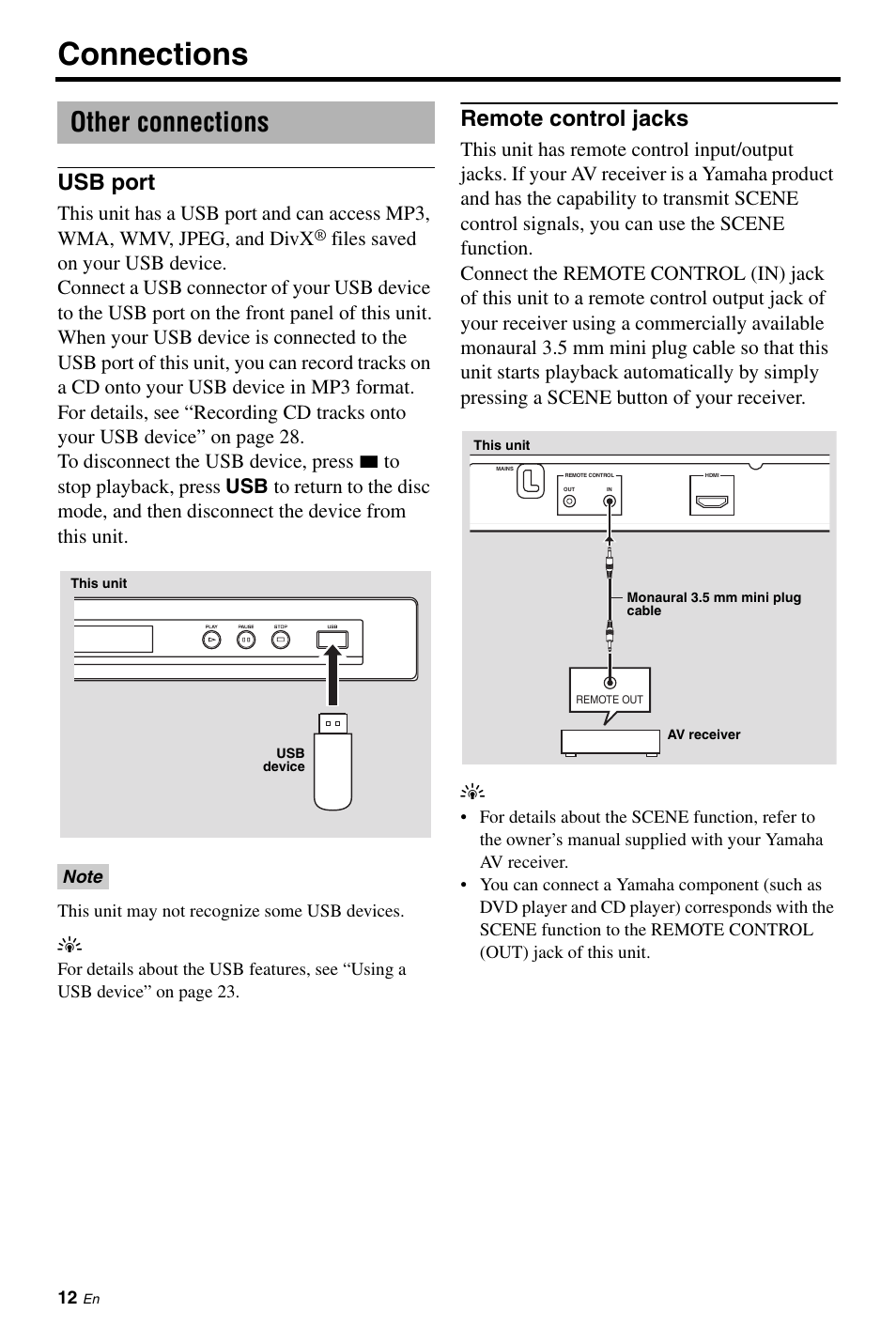 Other connections, Usb port, Remote control jacks | Connections | Yamaha DVD-S663 User Manual | Page 16 / 53